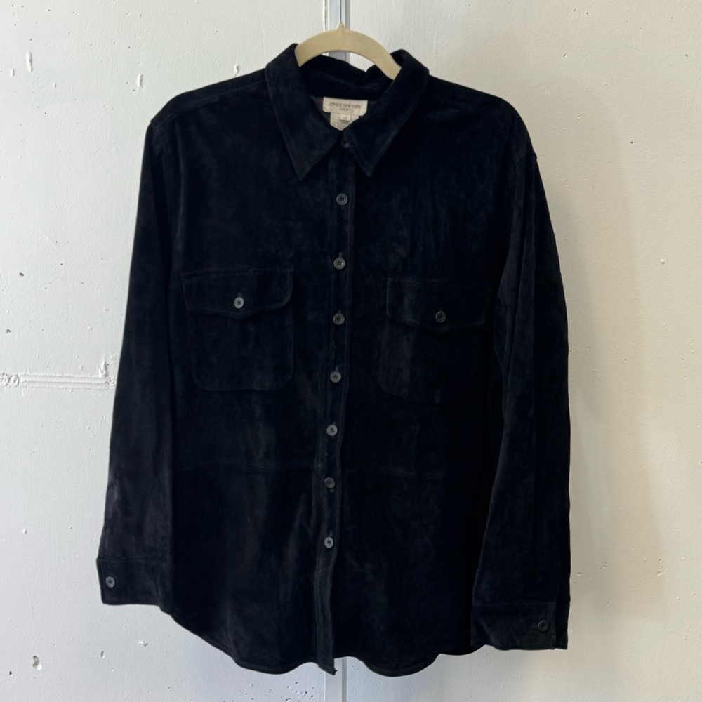 Vintage Jones New York Genuine Leather Suede Button Jacket‎ Shacket Shirt Blk 1X